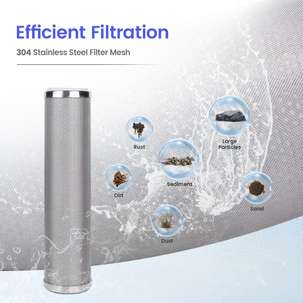 Amwater wire mesh sediment filter being able to remove sediment and large particles.