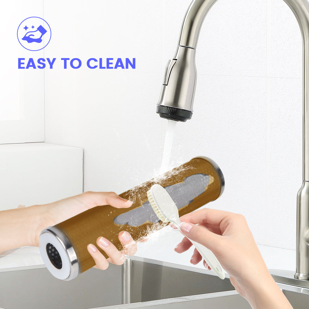 Person cleaning Amwater sediment water filter with a white scrubber, labeled 'Easy to Clean'.