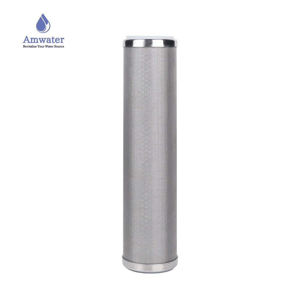 Amwater reusable wire mesh sediment filter on a white background