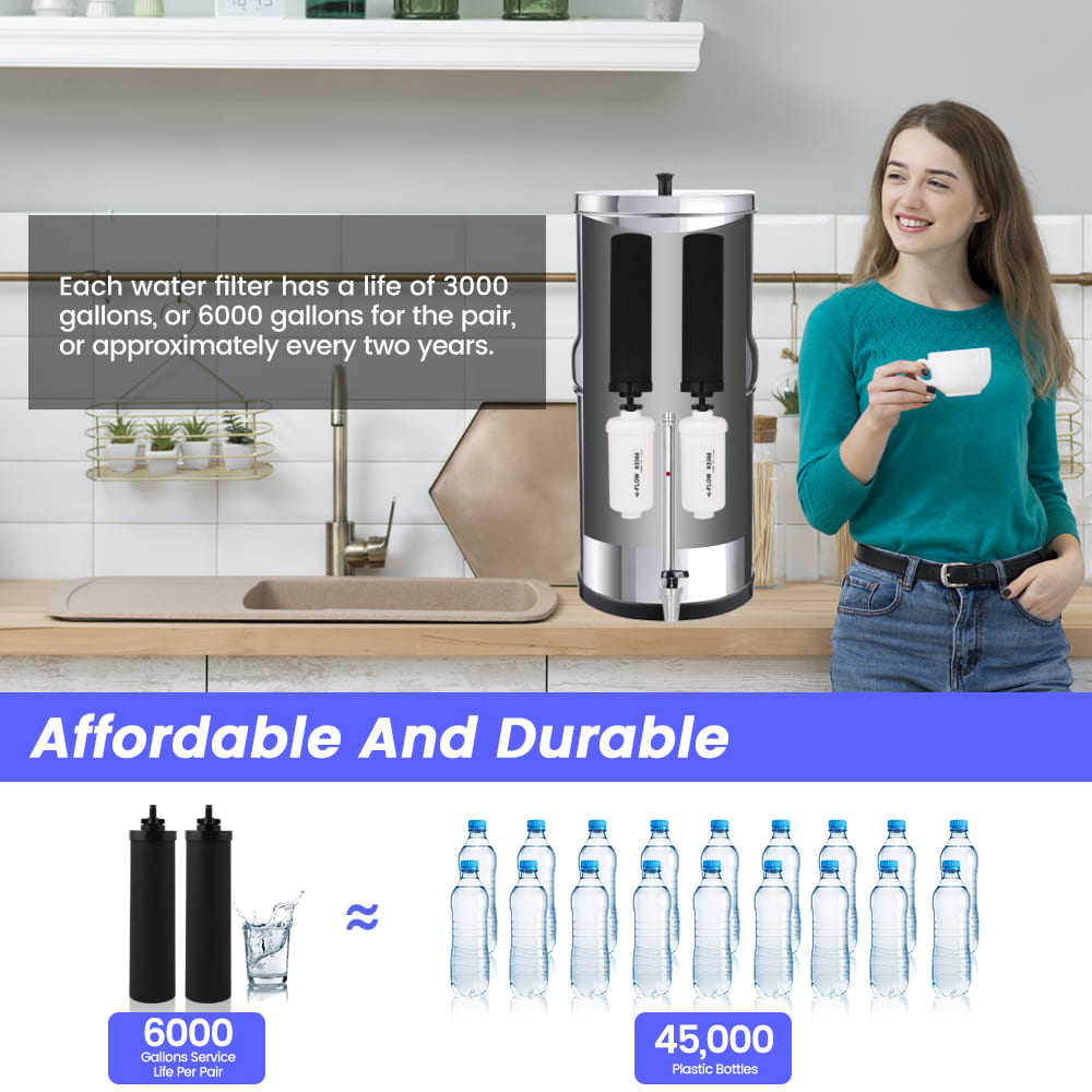 Woman in a kitchen with Amwater gravity-fed water filter, emphasizing affordability and durability.