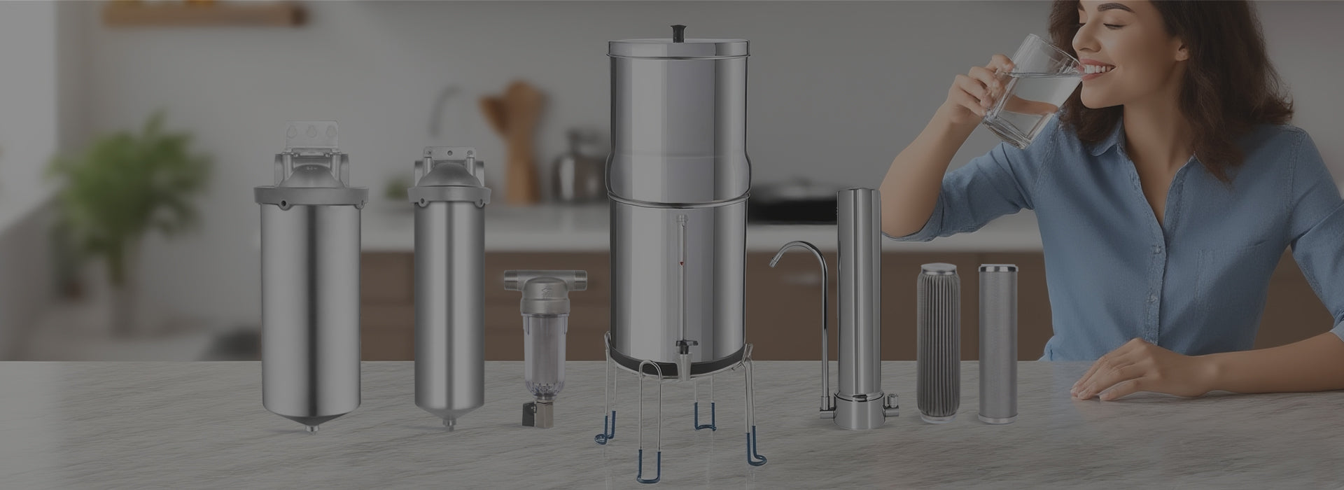 Amwater water filter collection on a kitchen counter.