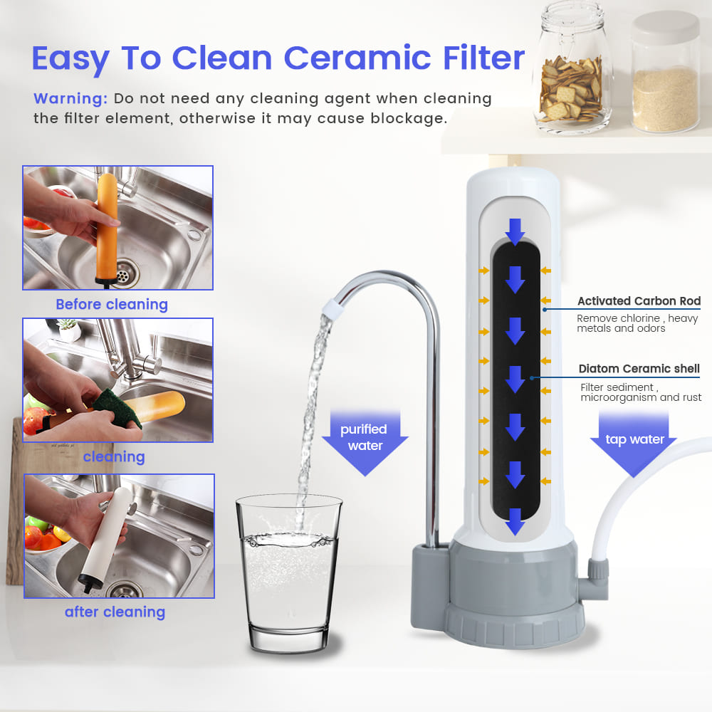Amwater faucet water filter with cleaning instructions and before-after images on a white background