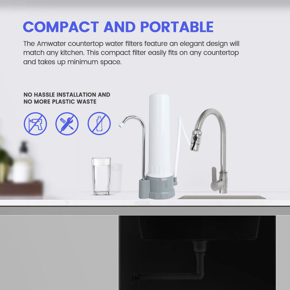 Amwater countertop water filter on a kitchen counter with text highlighting its compactness and ease of installation.