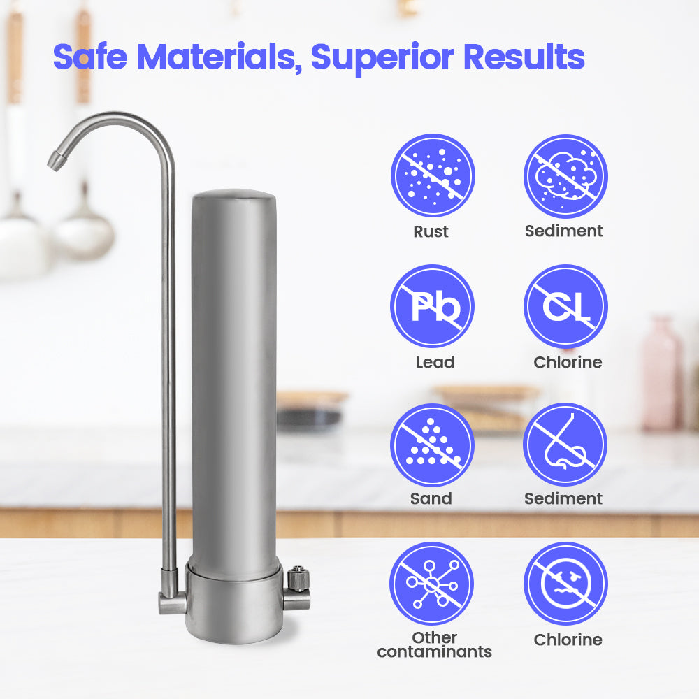 Amwater stainless steel kitchen faucet water filter with icons indicating contaminants it removes, set against a kitchen background.