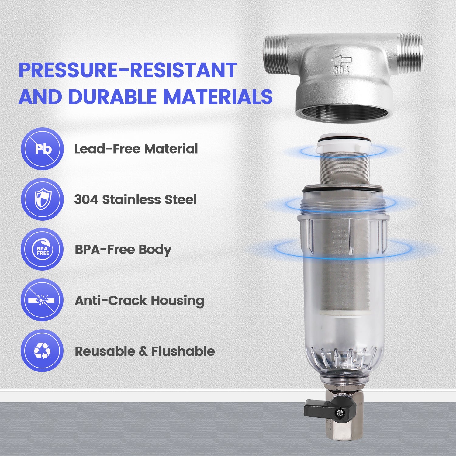 Amwater spin down water filter with features pressure-resistant and durable materials.