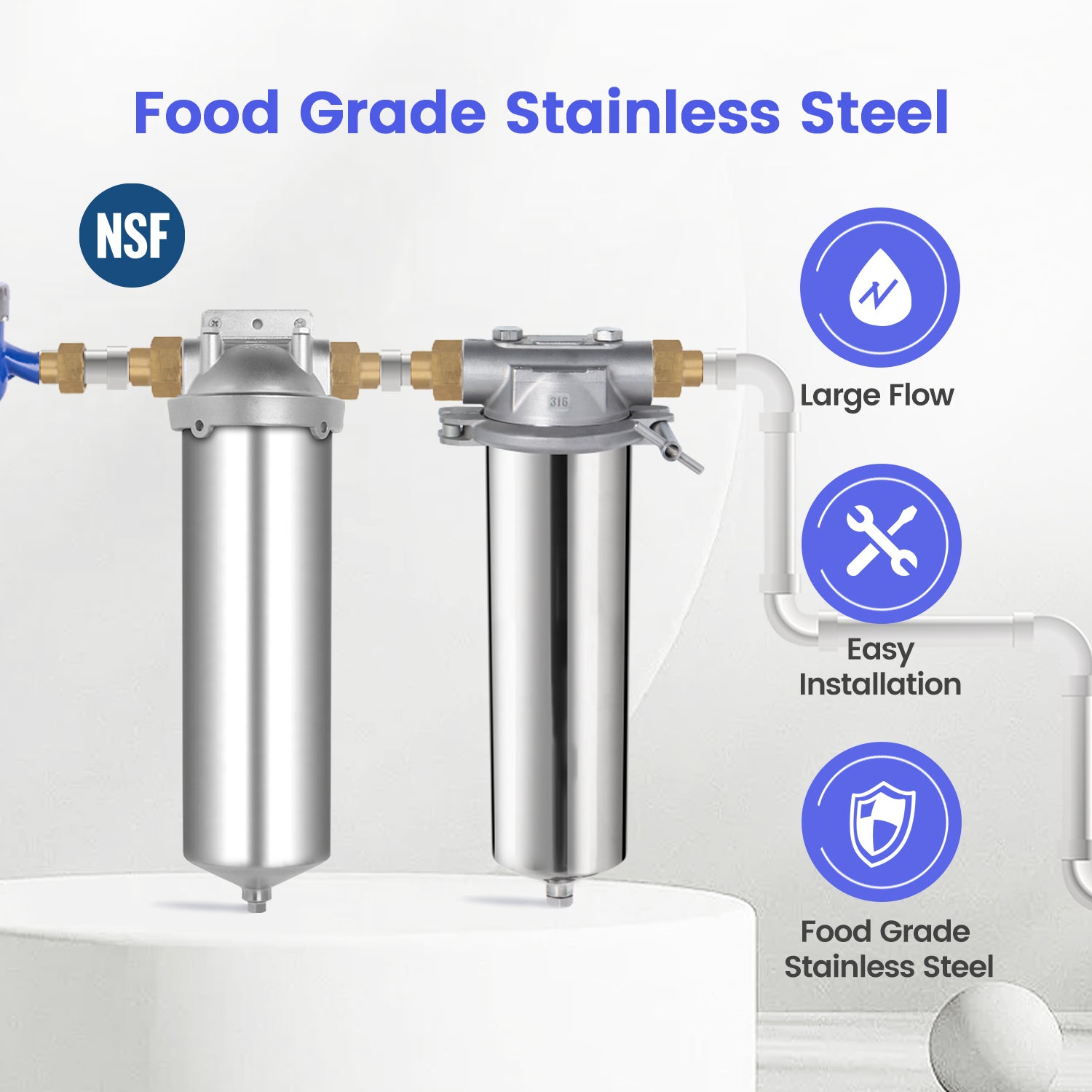 Amwater stainless steel whole house water filter with features highlighted on a white background