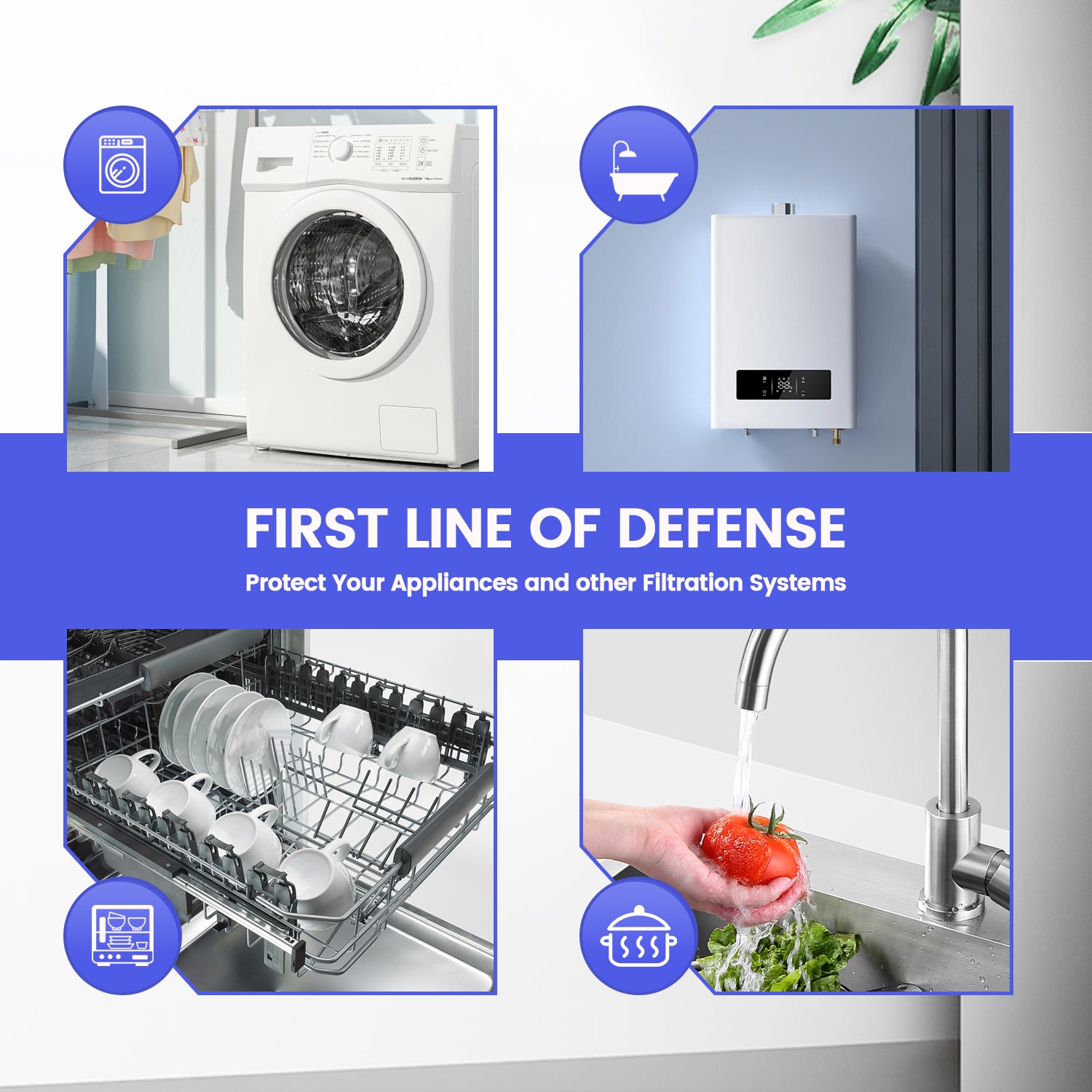 Amwater water filter system to protect appliances including washing machine, shower head, dishwasher, and kitchen sink.