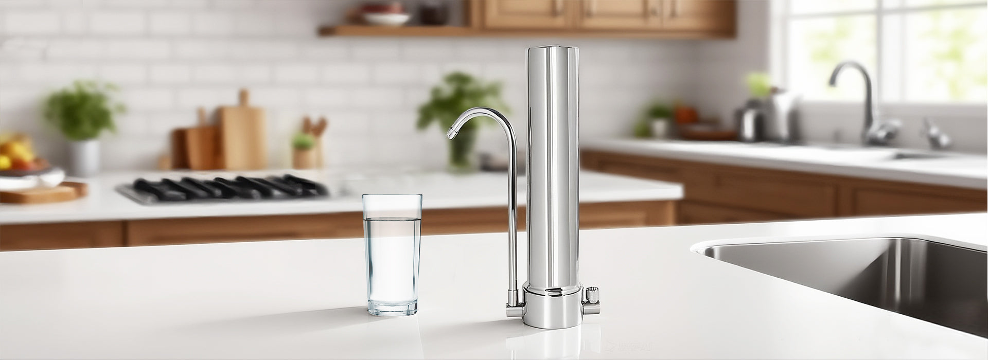 Amwater stainless steel faucet filter and glass of water on a white countertop.