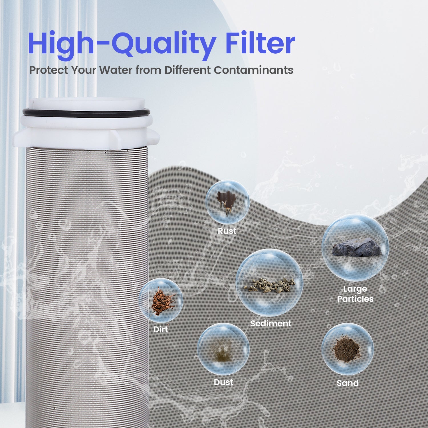 Amwater wire mesh water filter with contaminants and sediments being removed.
