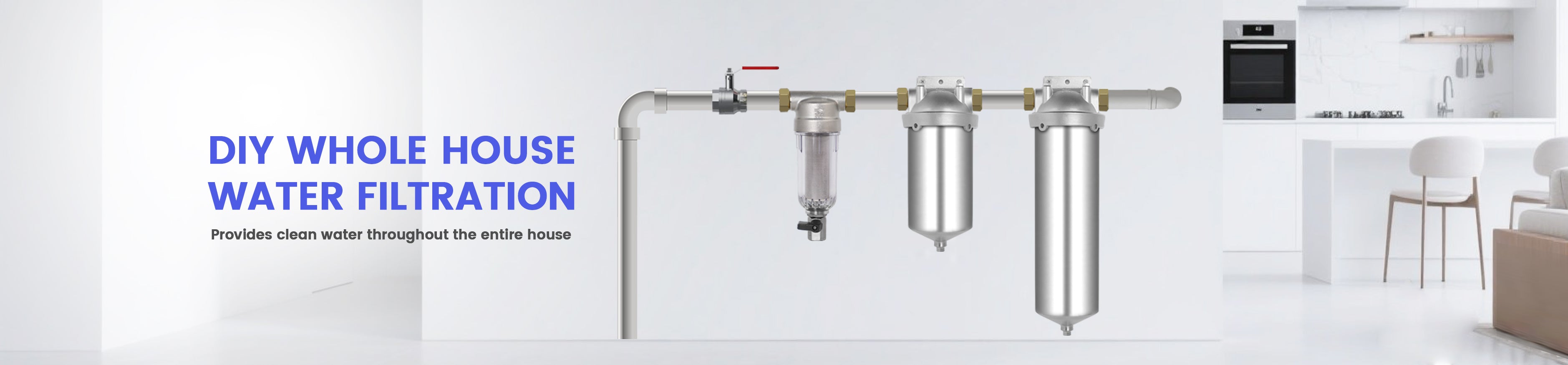 DIY whole house water filtration system with kitchen background