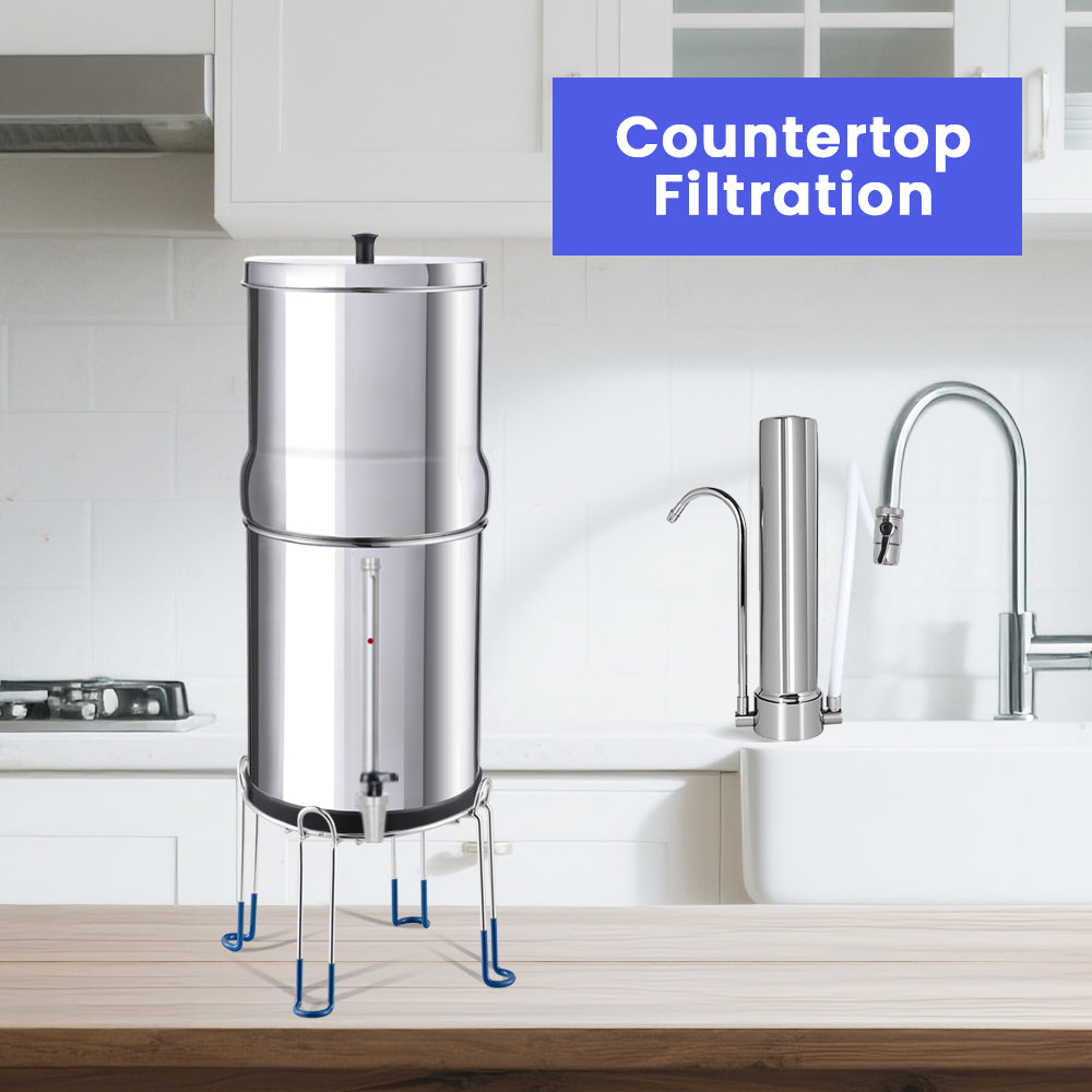 Amwater kitchen faucet water filtration system and gravity water filter on a kitchen countertop