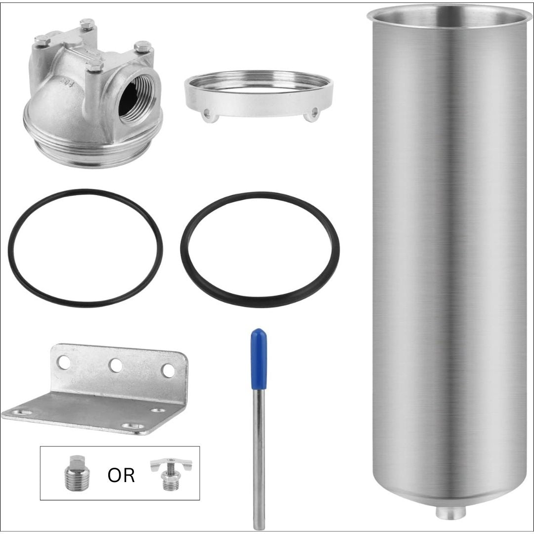 Filter housing kit with head, sump, O-rings, mounting bracket, and drain valve