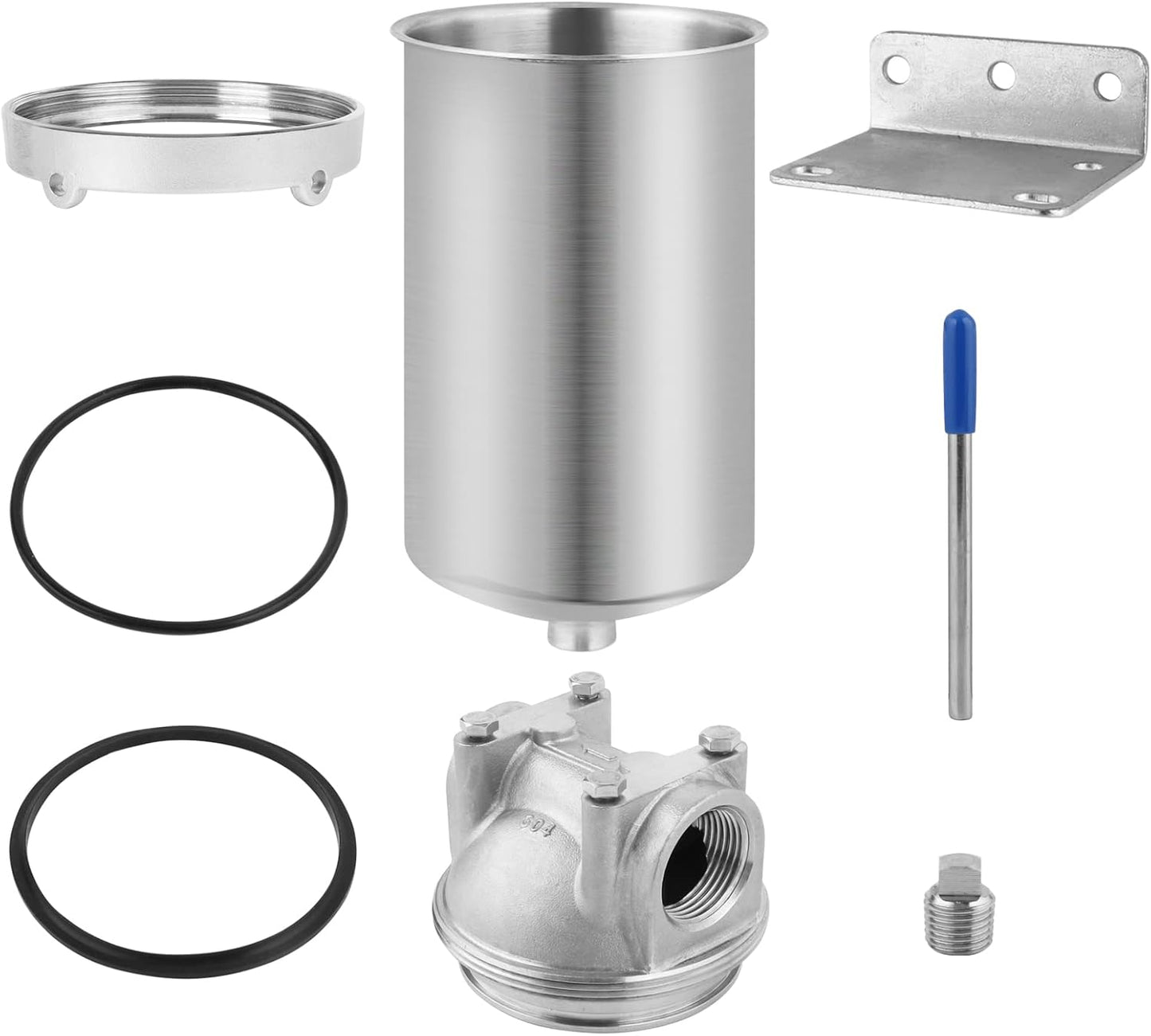 Amwater 5 inch single stage stainless steel filter housing with essential installation components, including O-rings, a mounting bracket, and other accessories