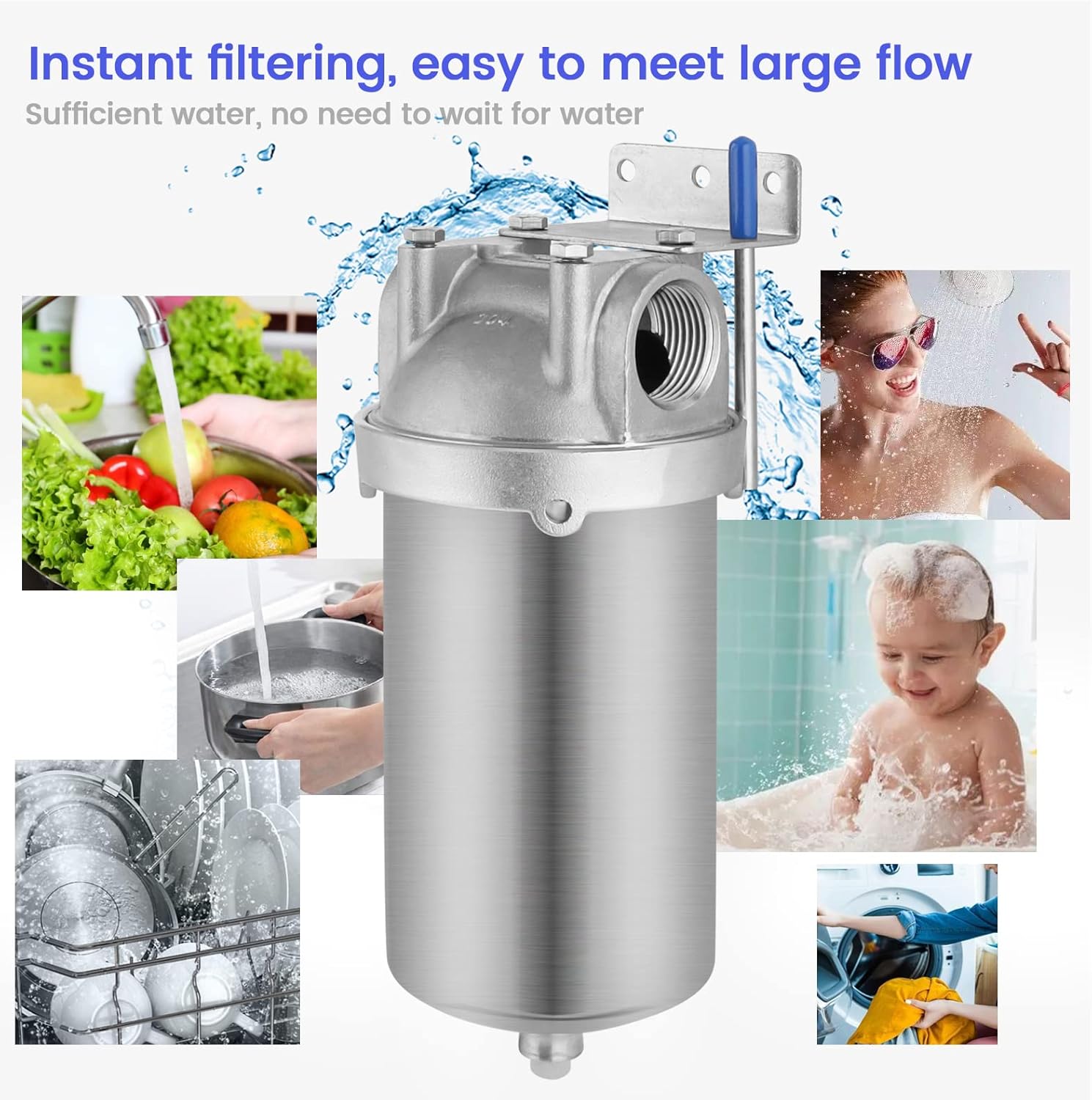 Stainless steel whole house water filter providing clean water for cooking, showering, bathing, laundry, and dishwashing