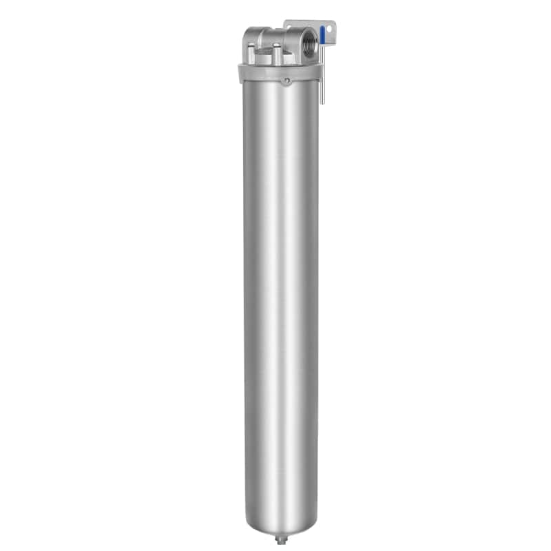 Amwater Whole House Stainless Steel Water Filter (20" Length, Style C Drain & 2.5" OD) for Sediment Filtration in Well Water Systems