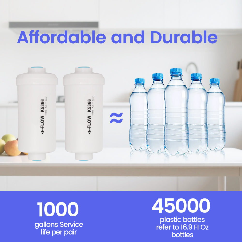 Fluoride water filter system with bottles on a kitchen counter, highlighting affordability and durability.