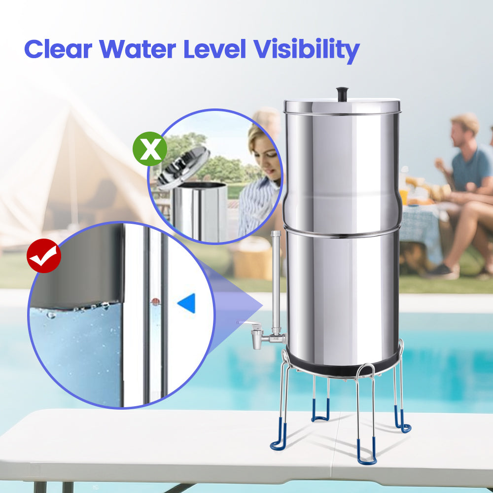 Stainless steel water filter with clear water level visibility feature, shown outdoors.