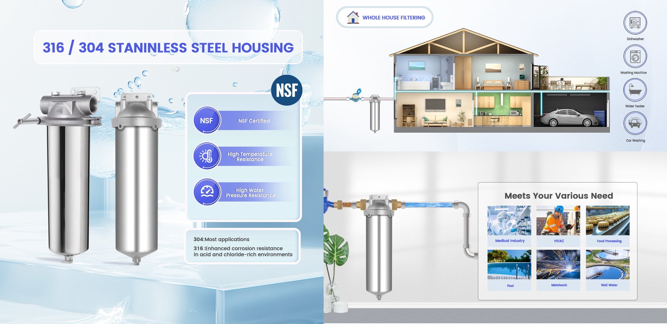 Amwater stainless steel whole house water filters available in both 304 or 316 materials to meet different needs.