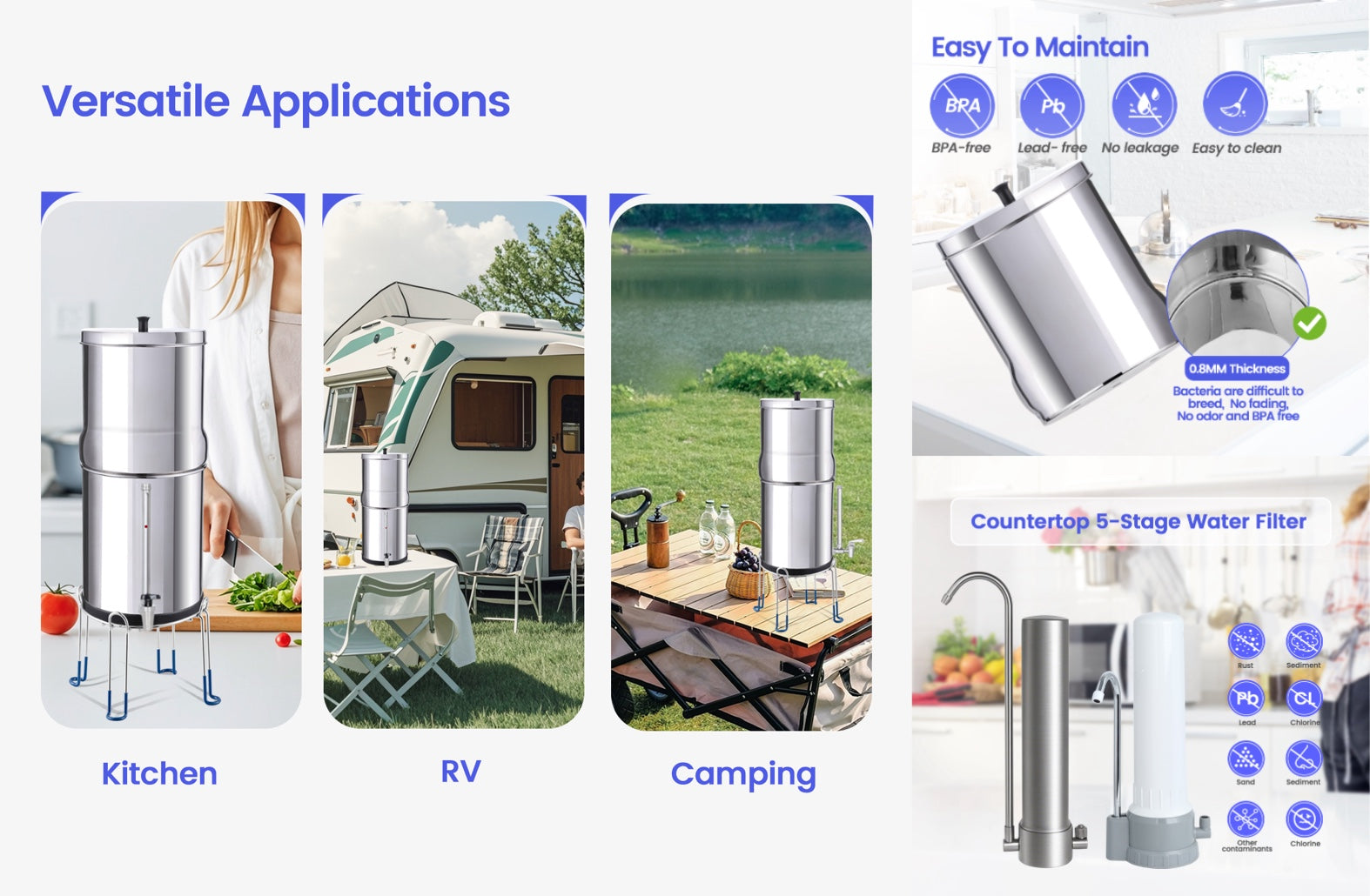 Amwater countertop filter with versatile applications for kitchen, RV, and camping.