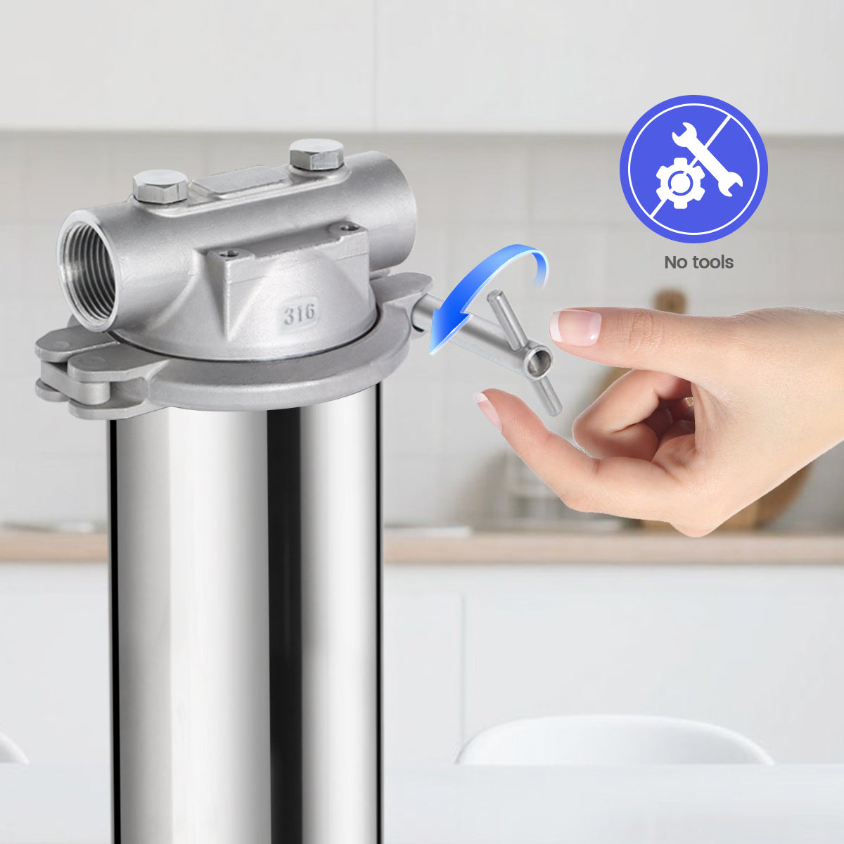 Whole house filter head with a hand turning a handle, set against a neutral background.