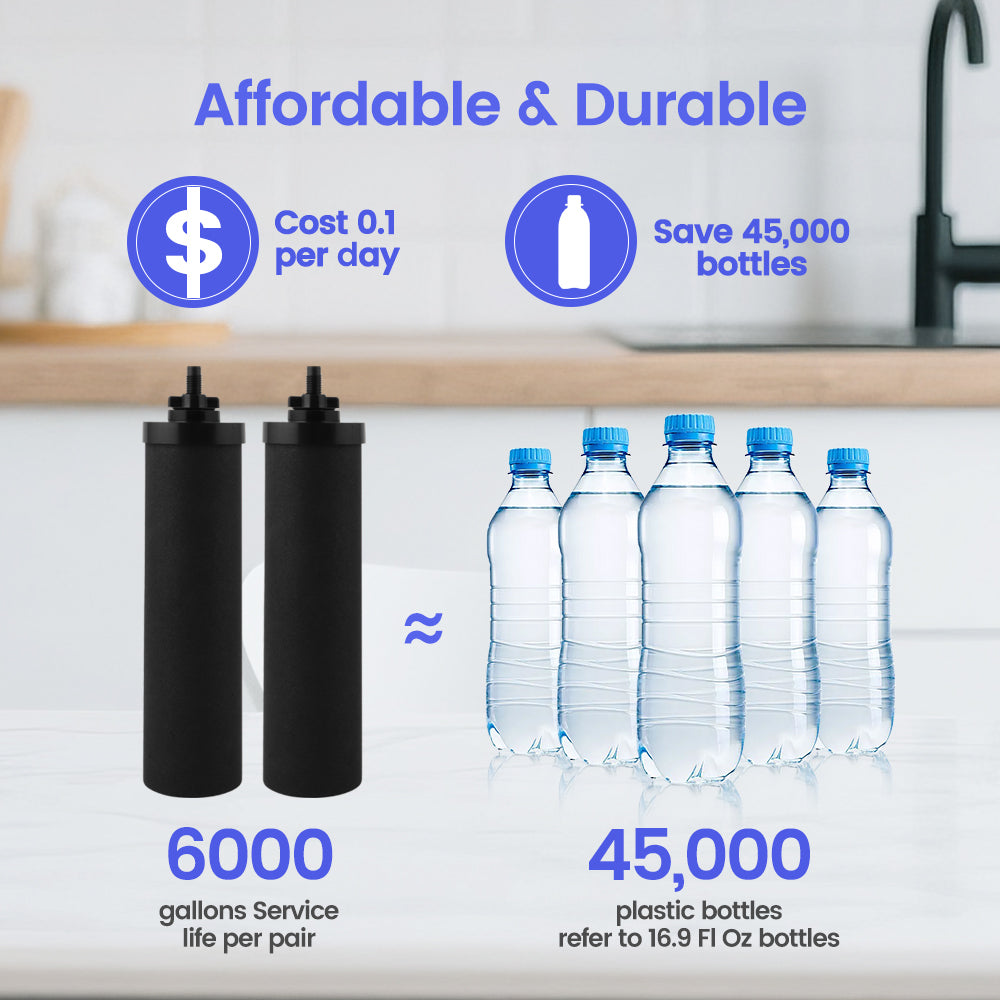 Carbon filter with bottles and cost savings information on a kitchen counter.