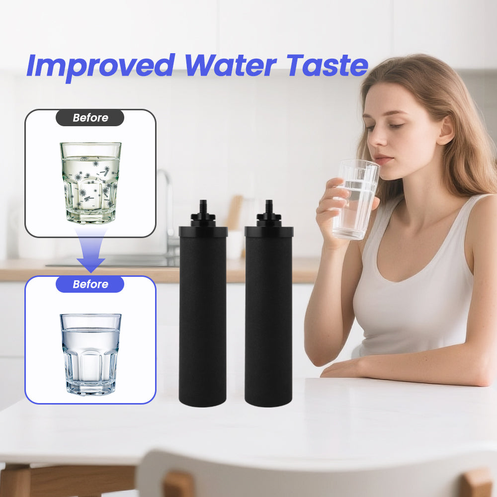 Woman drinking water from a glass with improved water taste text and before-and-after comparison images after using carbon filter.