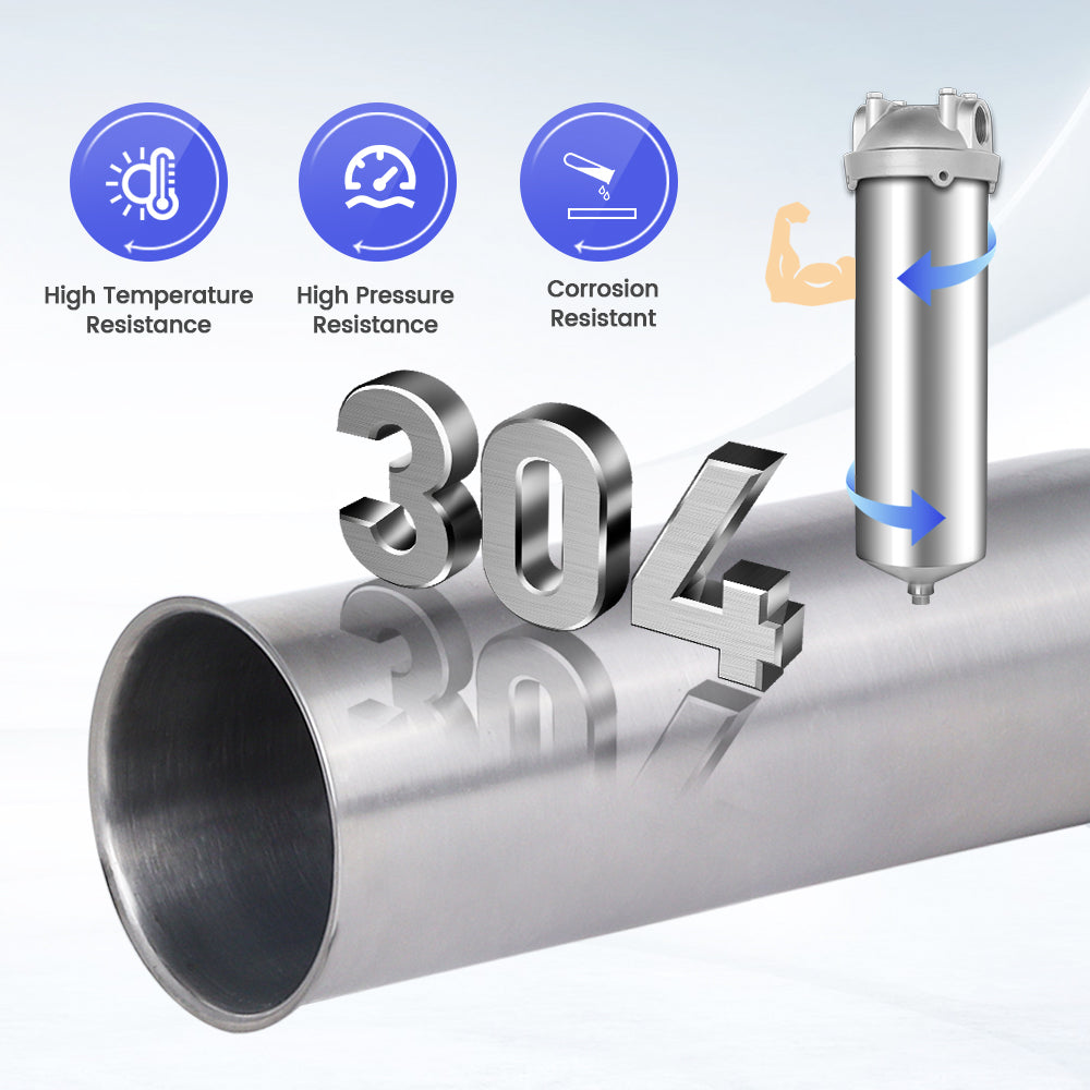 Amwater whole house water filter with high temperature resistance, high pressure resistance and corrosion resistance features.