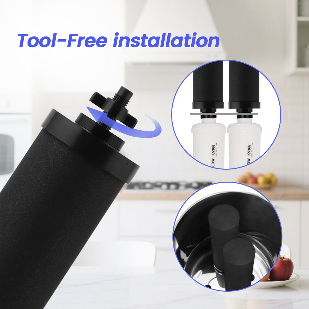 Carbon filter with tool-free installation in gravity filter