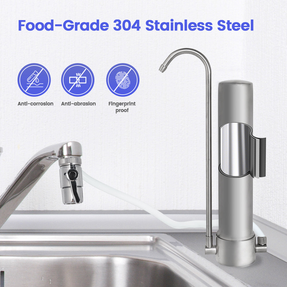 Amwater kitchen faucet filter with stainless steel features highlighted on a white background