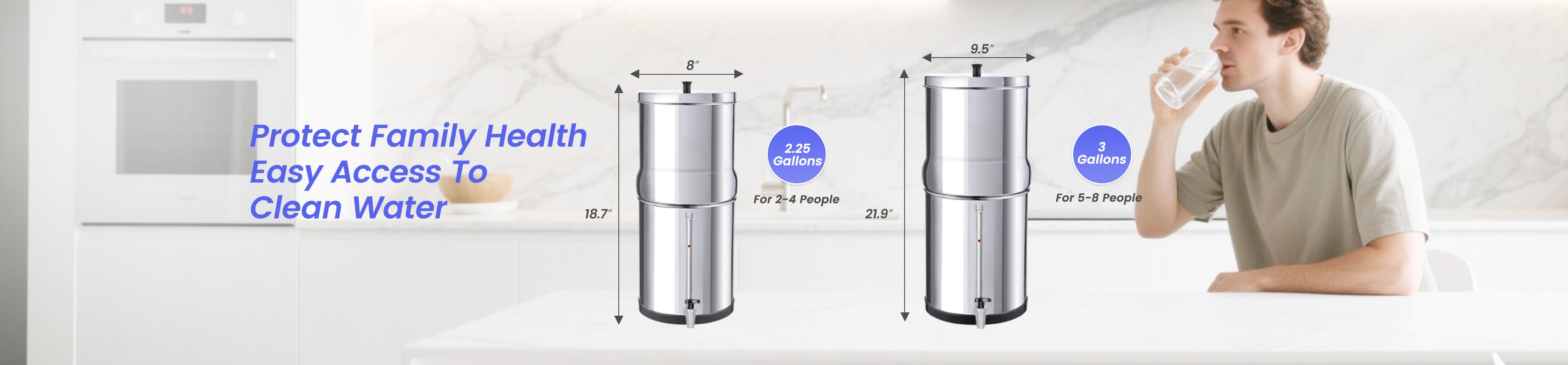 Water filter with dimensions and capacity, emphasizing easy access to clean water.