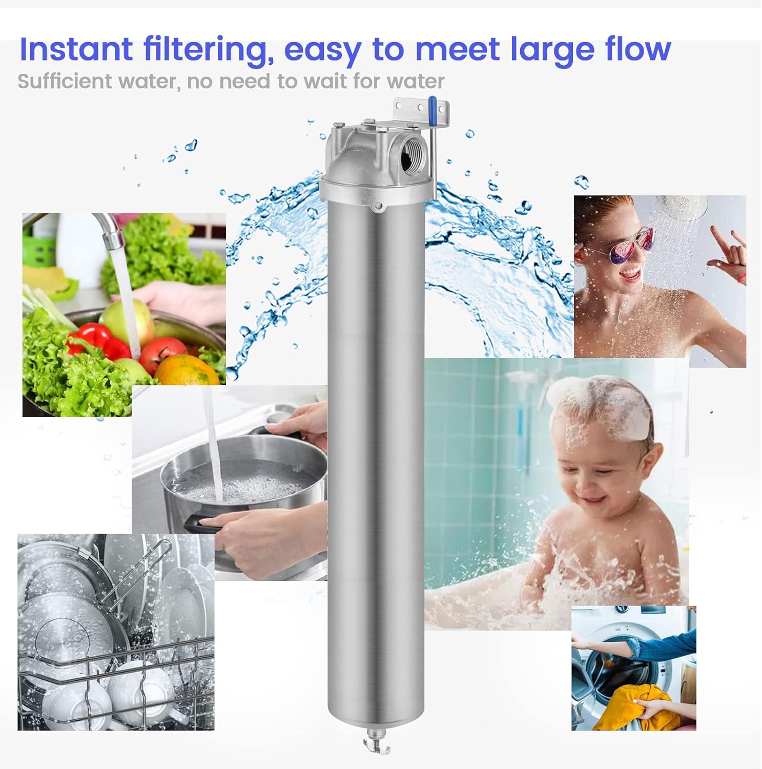 Amwater 20 inch whole house water filter providing clean water to family for kitchen sink, shower and washing machine