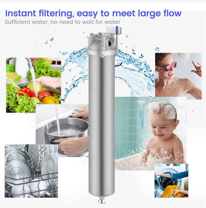 Amwater 20 inch whole house water filter providing clean water to family for kitchen sink, shower and washing machine