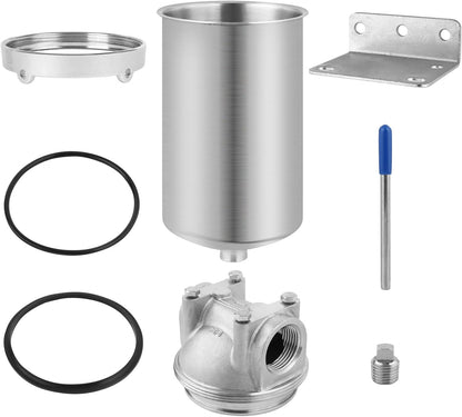 Amwater 5 inch single stage stainless steel filter housing with essential installation components, including O-rings, a mounting bracket, and other accessories