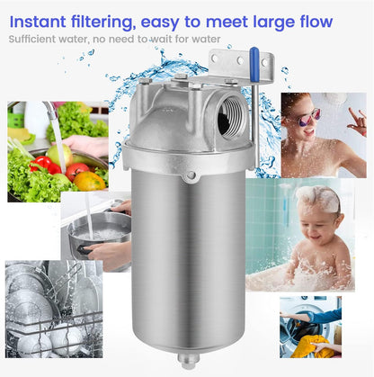 Amwater 5 inch whole house water filter providing clean water to family for kitchen sink, shower and washing machine