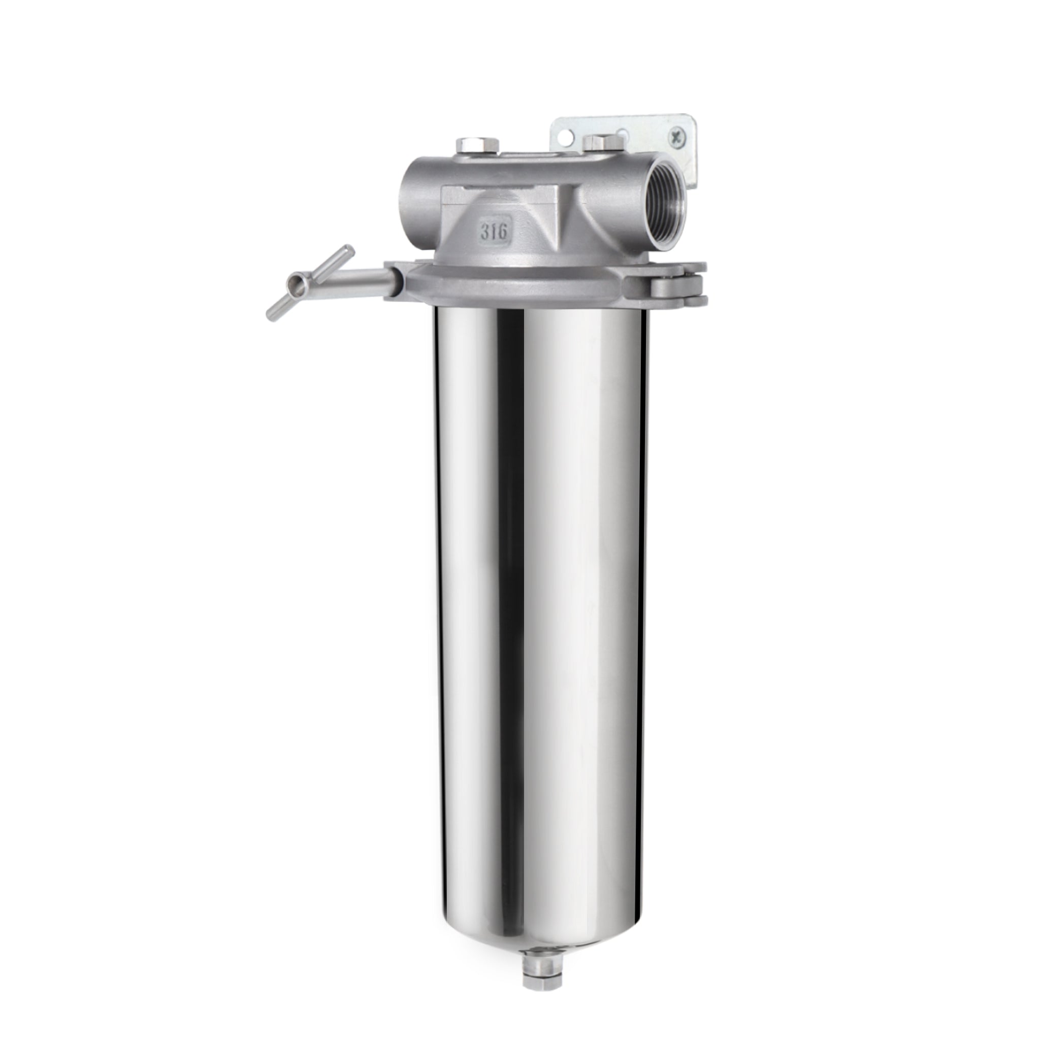 Amwater clamp head 316 10 inch whole house water filter with a white background