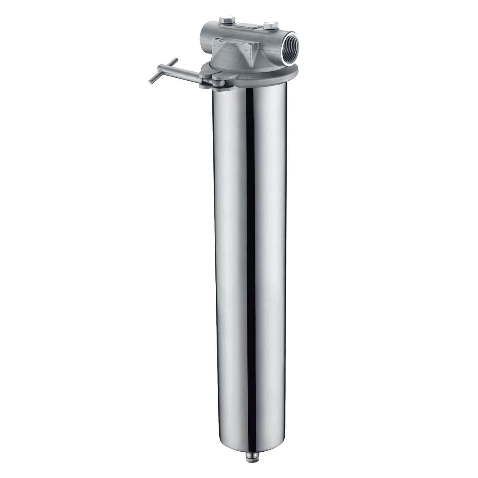 Amwater clamp head 20 inch water filter housing with a white background