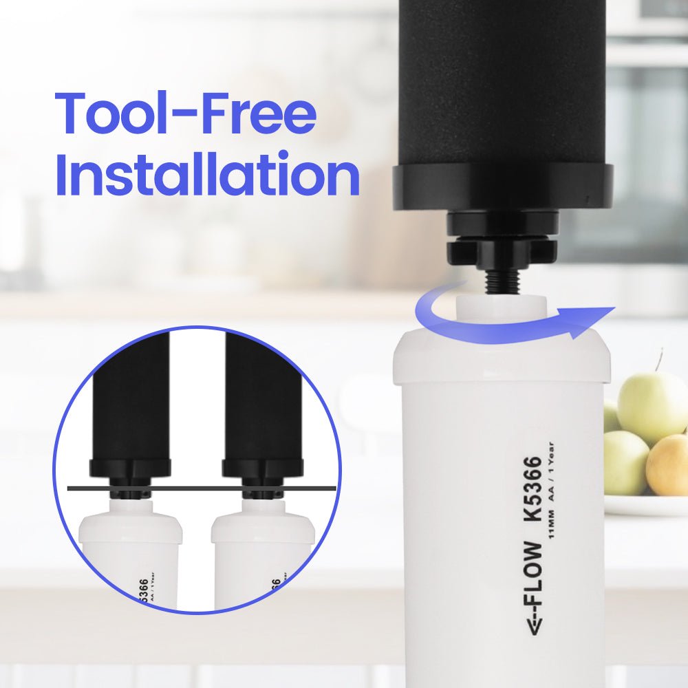 Tool-free installation of fluoride filter on a gravity filter system