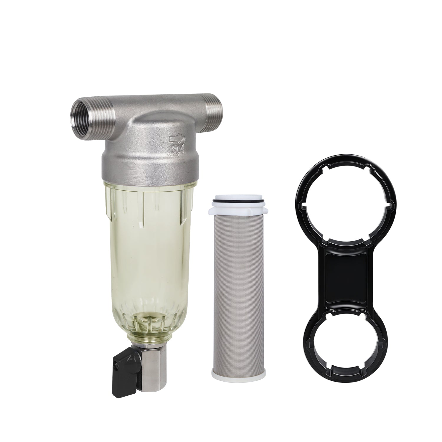 Spin Down Filters with 3/4"MNPT and 1/2"FNPT in white background