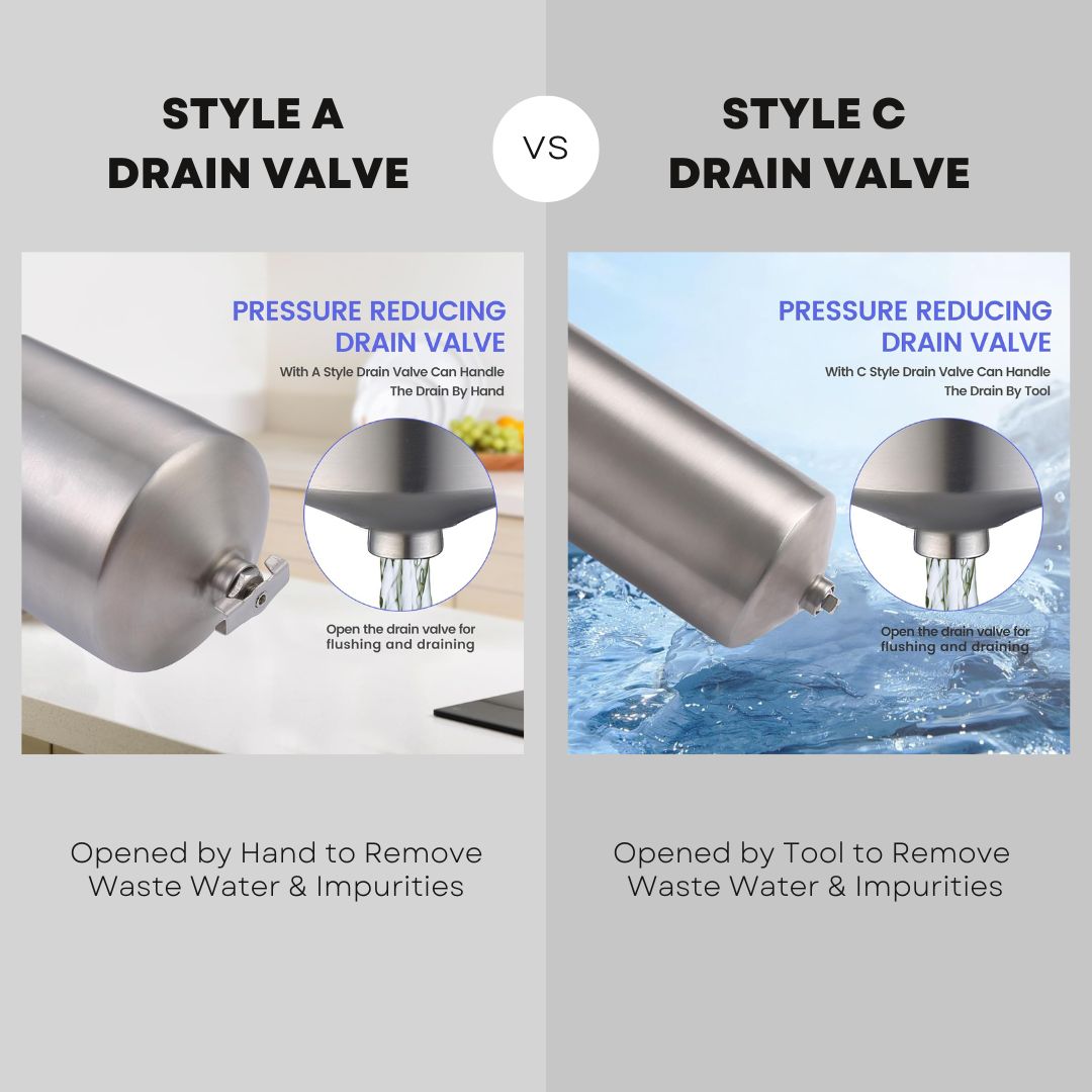 Comparison of Style A and Style C drain valve for Amwater Whole House Stainless Steel Water Filter